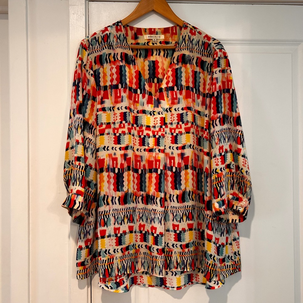 Rose + Olive‎ Women 2X Artsy Boho Mulitcolor Chiffon Popover Blouse Lagenlook